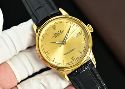 AAA Quality 8215 Movement 40mm YG with White/Gold Face Datejust Black Calfskin Leather Strap Men Rolex Watch